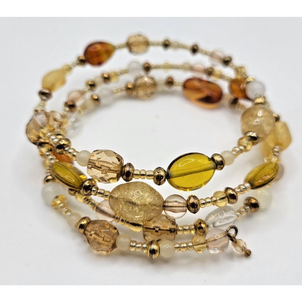 Bohemian Brown Gold Beaded Wrap Wire Bracelet 3in dia adujustable